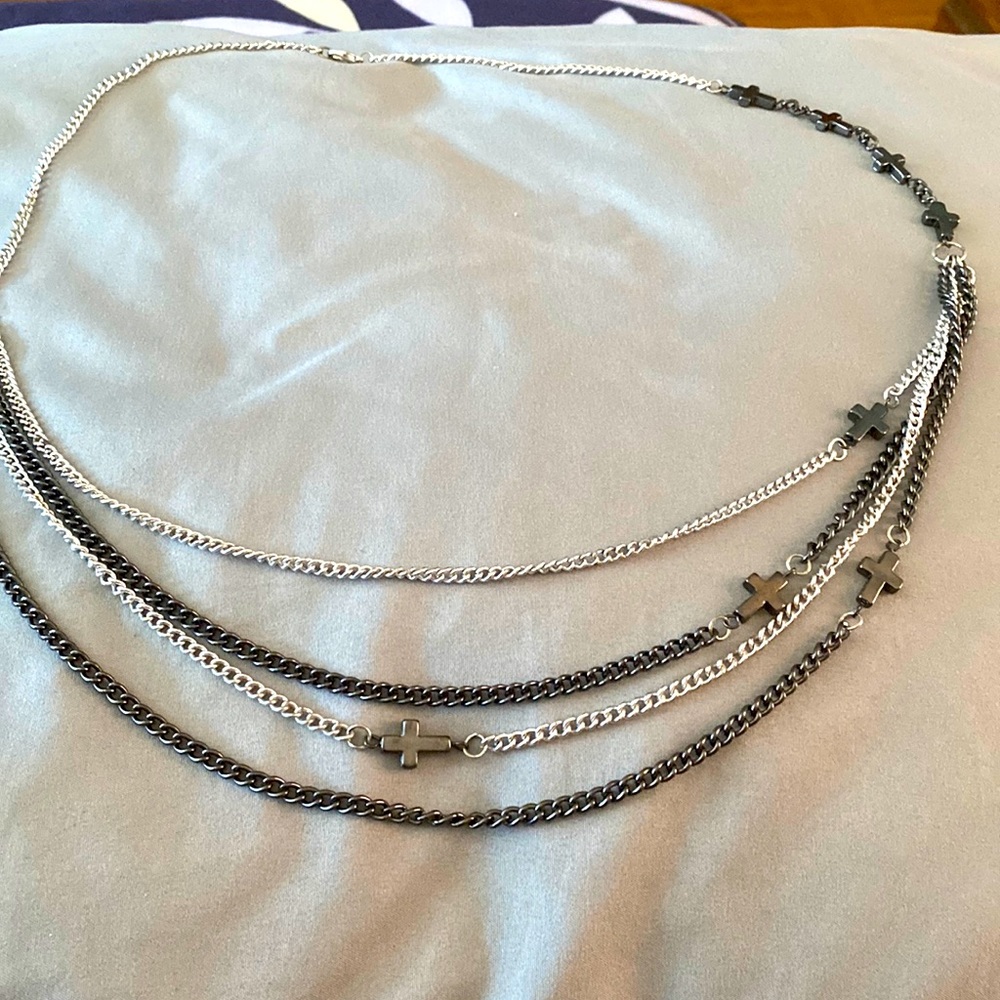 Two tone long chain necklace with cross accent.